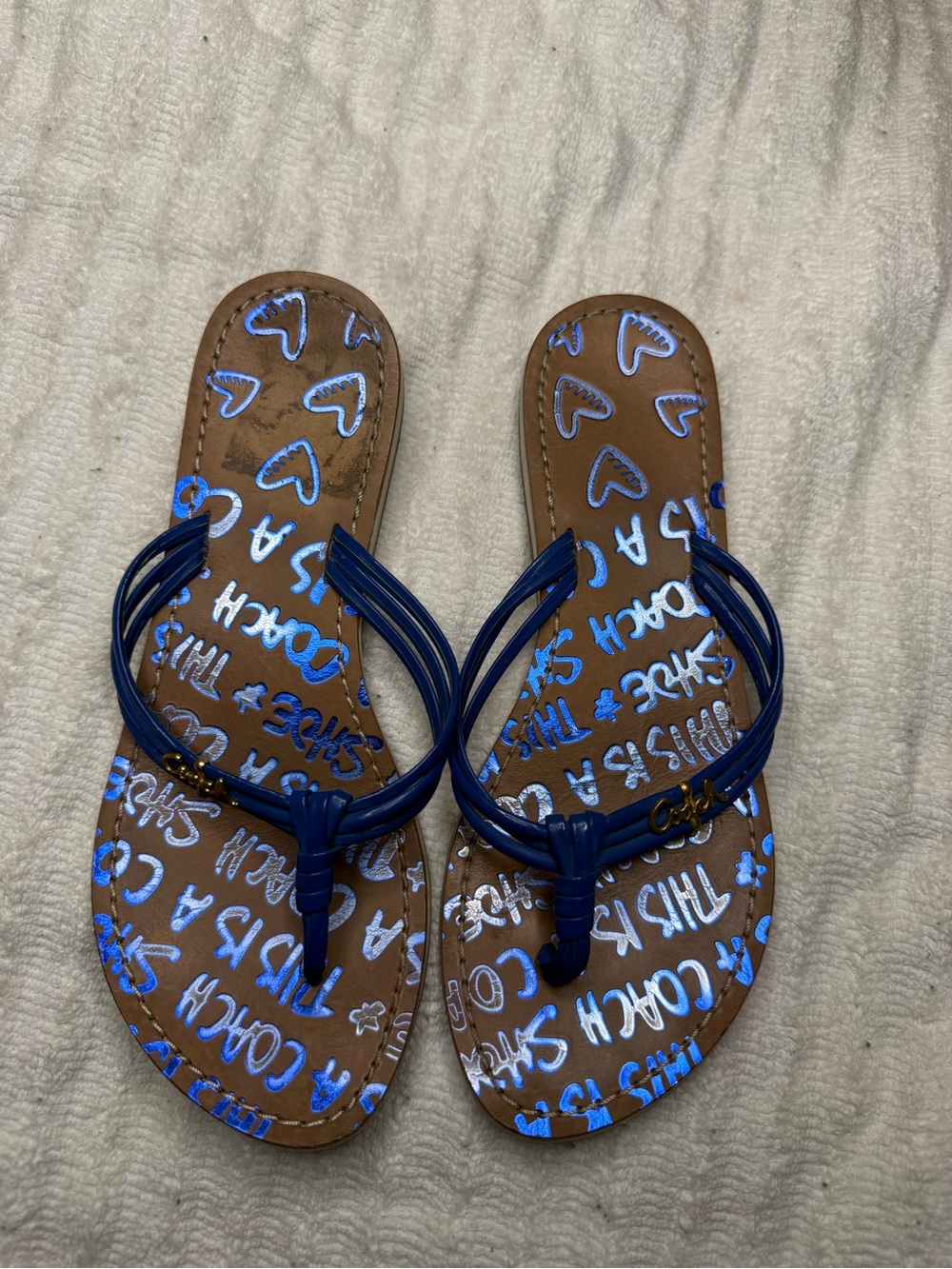 Coach Blue Thong Sandals Flip Flops Graffiti Print Size 6 - Picture 1 of 4
